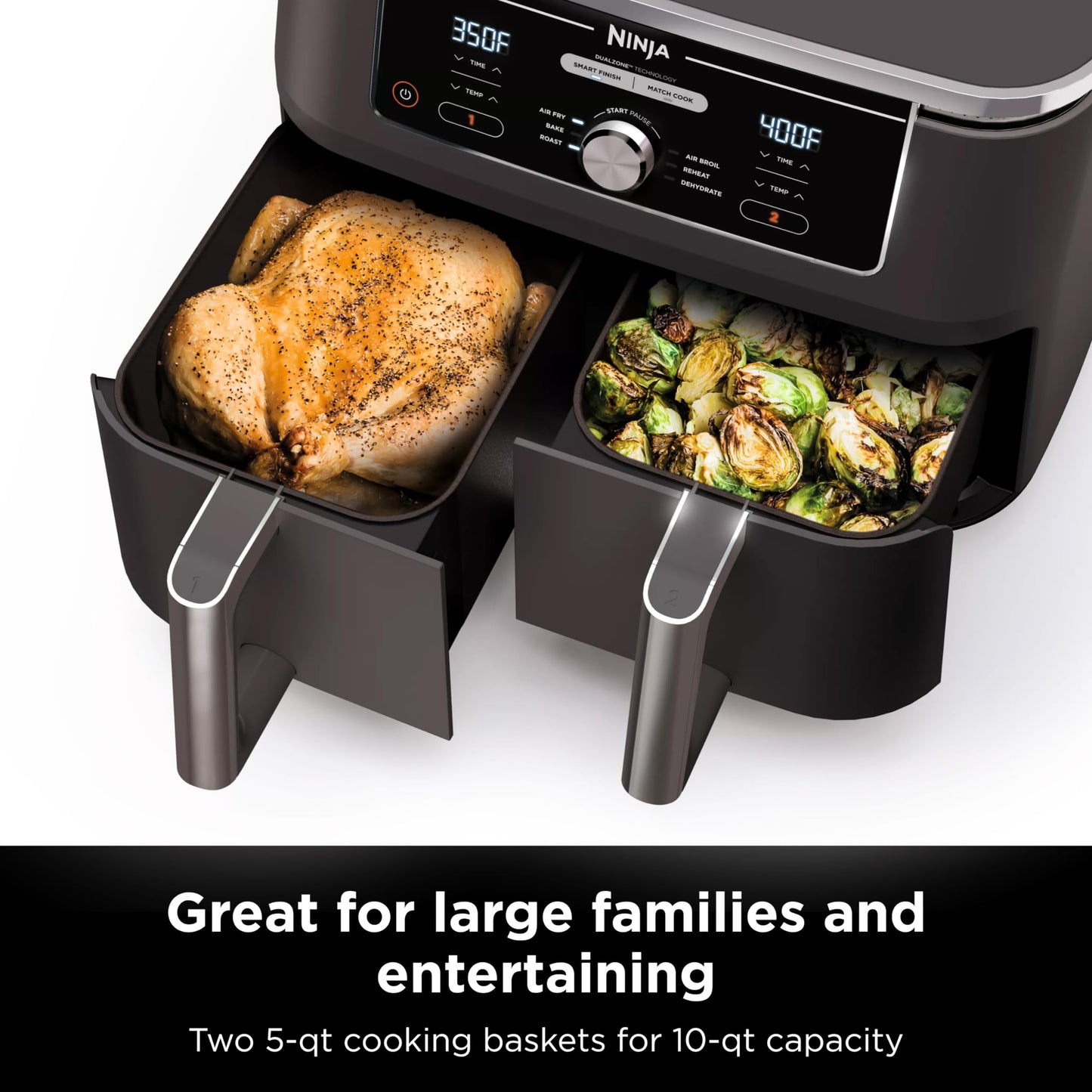 Ninja DZ201 Foodi 8 Quart 6-in-1 DualZone 2-Basket Air Fryer with 2 Independent Frying Baskets, Match Cook & Smart Finish to Roast, Broil, Dehydrate & More for Quick, Easy Meals, Grey