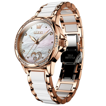 OLEVS Women's Automatic Watch, Premium Large Face Diamond Accented Self Winding Watches for Women, Fashion Waterproof Ladies Dress Watch, Two Tone Stainless Steel Ceramic Bracelet