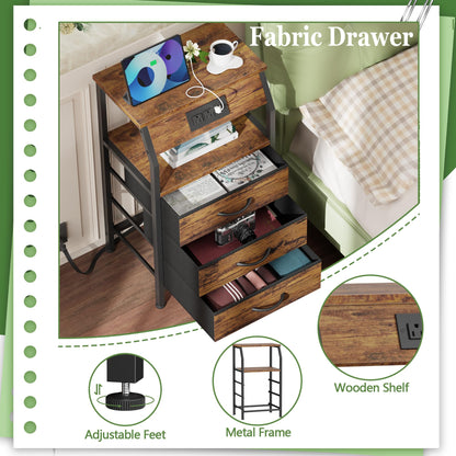 Furnulem 5 Drawers Dresser with Charging Station, Fabric Chest of Drawers with Open Shelf, Tall Night Stand, Bedside Table for Closet, Entryway, Bedroom Furniture, 3 Ways to Use, Black Oak