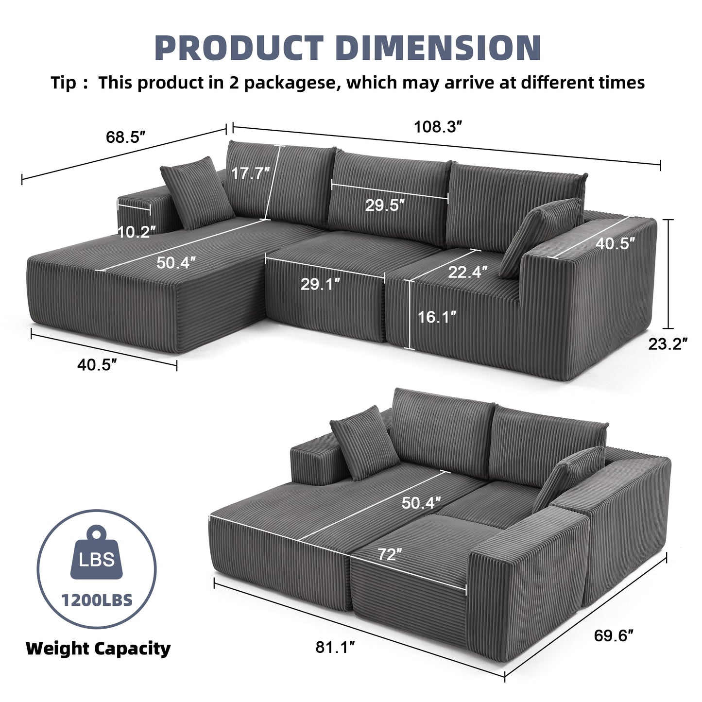 108” Modular Sectional Sofa, Cloud Sectional Couch with Deep Seat, Modern Modular L-Shape Sofa Couch with Chaise,Upholstered Couches for Living Room Bedroom (Black)