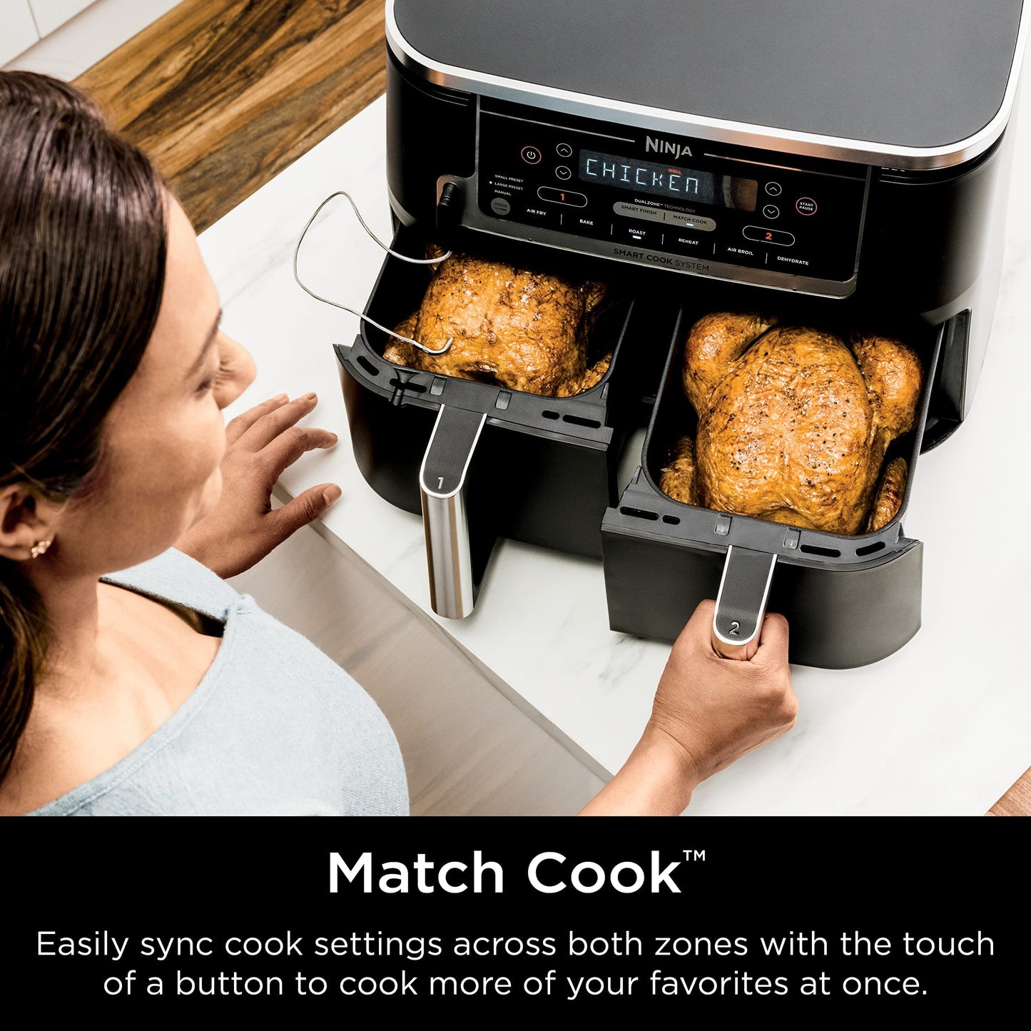 Ninja DZ201 Foodi 8 Quart 6-in-1 DualZone 2-Basket Air Fryer with 2 Independent Frying Baskets, Match Cook & Smart Finish to Roast, Broil, Dehydrate & More for Quick, Easy Meals, Grey