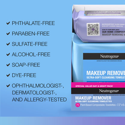 Neutrogena Makeup Remover Wipes, Daily Facial Cleanser Towelettes, Gently Cleanse and Remove Oil & Makeup, Alcohol-Free Makeup Wipes, 2 x 25 ct