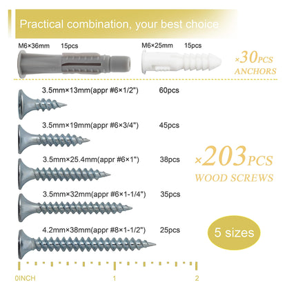 High Hardness Wood Screws Assortment Kit, 209 pcs, Phillips Drive Flat Head, Wood Screws, Screws, Drywall Screws, Assorted Screws, Screws Set, 6 Sizes (2”,1-1/2”,1-1/4”,1”,3/4”,1/2”)