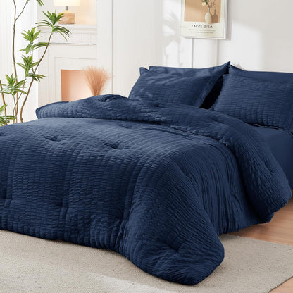 HYMOKEGE Queen Comforter Set Seersucker 7 Pieces, All Season Luxury Bed in a Bag for Bedroom, Bedding Set with Comforters, Sheets, Pillowcases & Shams, Dark Grey