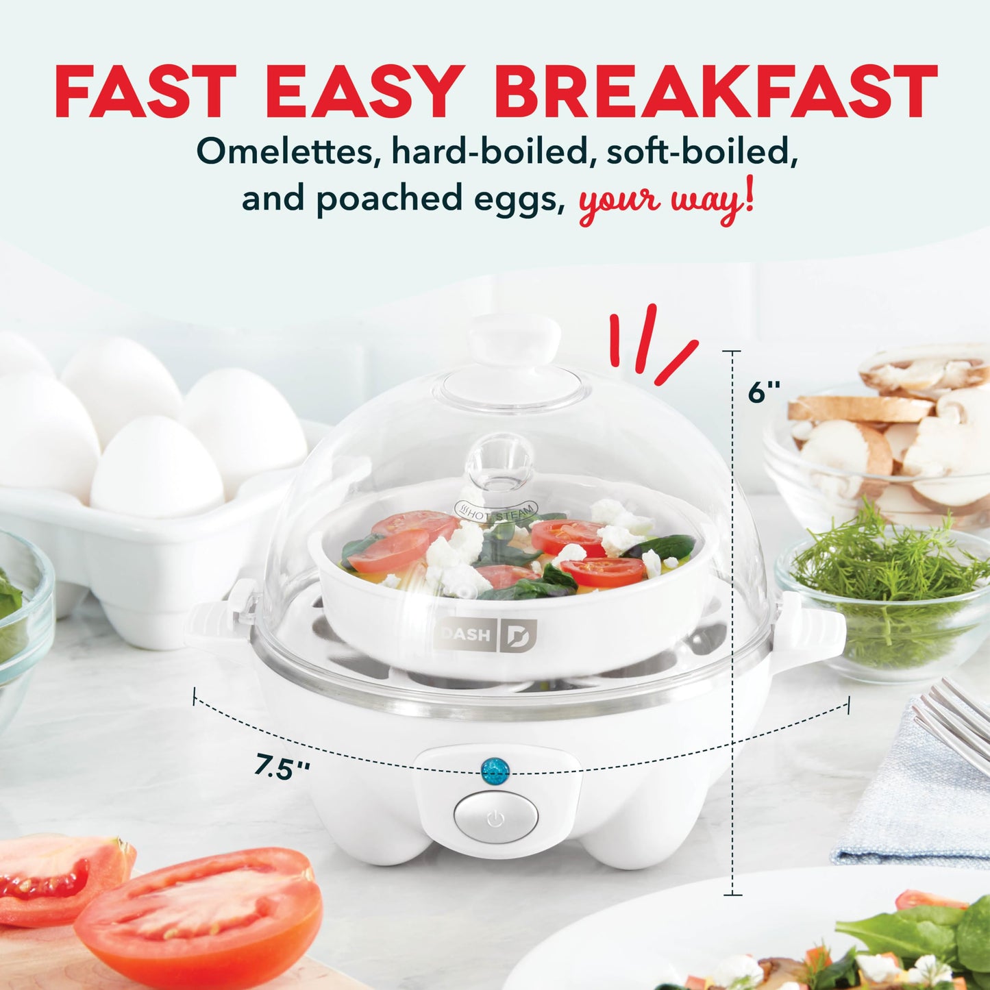 DASH Rapid Egg Cooker: 7 Egg Capacity Electric Egg Cooker for Hard Boiled Eggs, Poached Eggs, Scrambled Eggs, or Omelets with Auto Shut Off Feature - Black