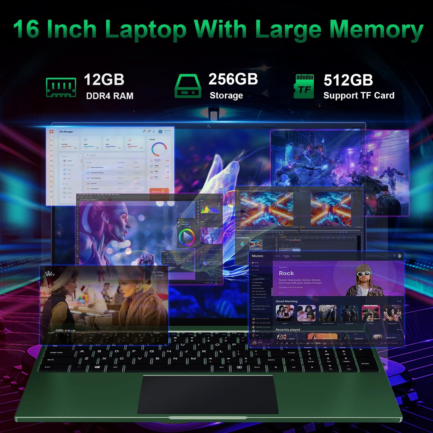 16 inch Laptop, 12GB RAM 256GB Storage Laptop Computer, 5305U Processor, 1920x1200 IPS FHD Display, WiFi, Bluetooth, Webcam, Type-C, 38Wh Battery