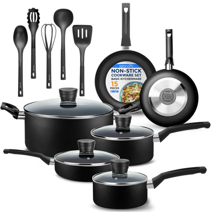 SereneLife Kitchenware Pots & Pans Basic Kitchen Cookware, Black Non-Stick Coating Inside, Heat Resistant Lacquer (15-Piece Set), One Size, Blue