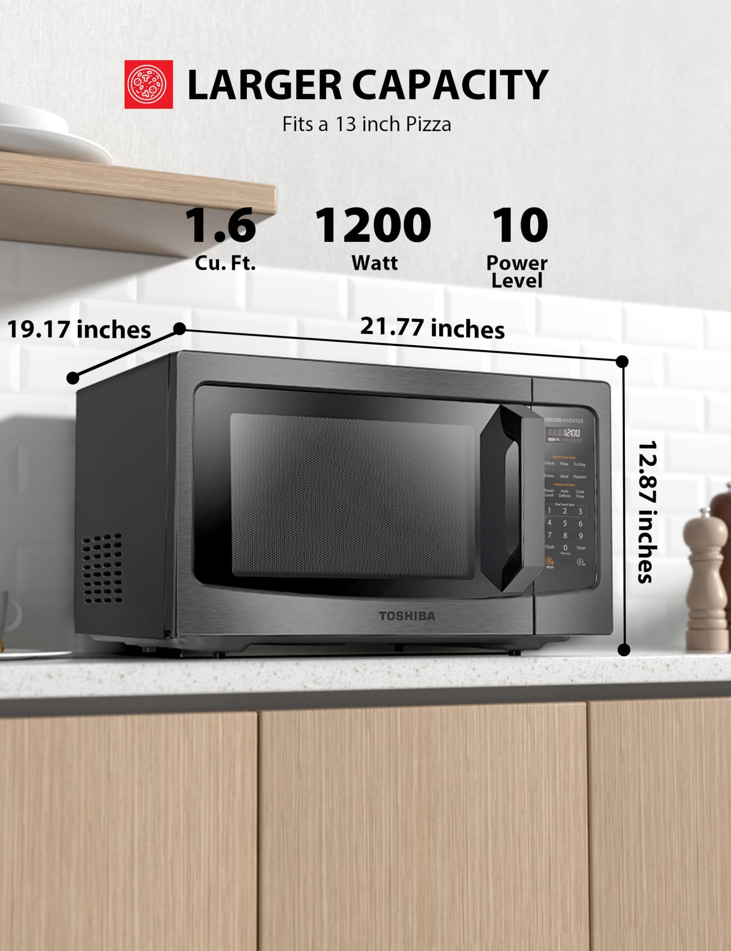 TOSHIBA EM131A5C-SS Countertop Microwave Ovens 1.2 Cu Ft, 12.4" Removable Turntable Smart Humidity Sensor 12 Auto Menus Mute Function ECO Mode Easy Clean Interior, 1100W, Silver