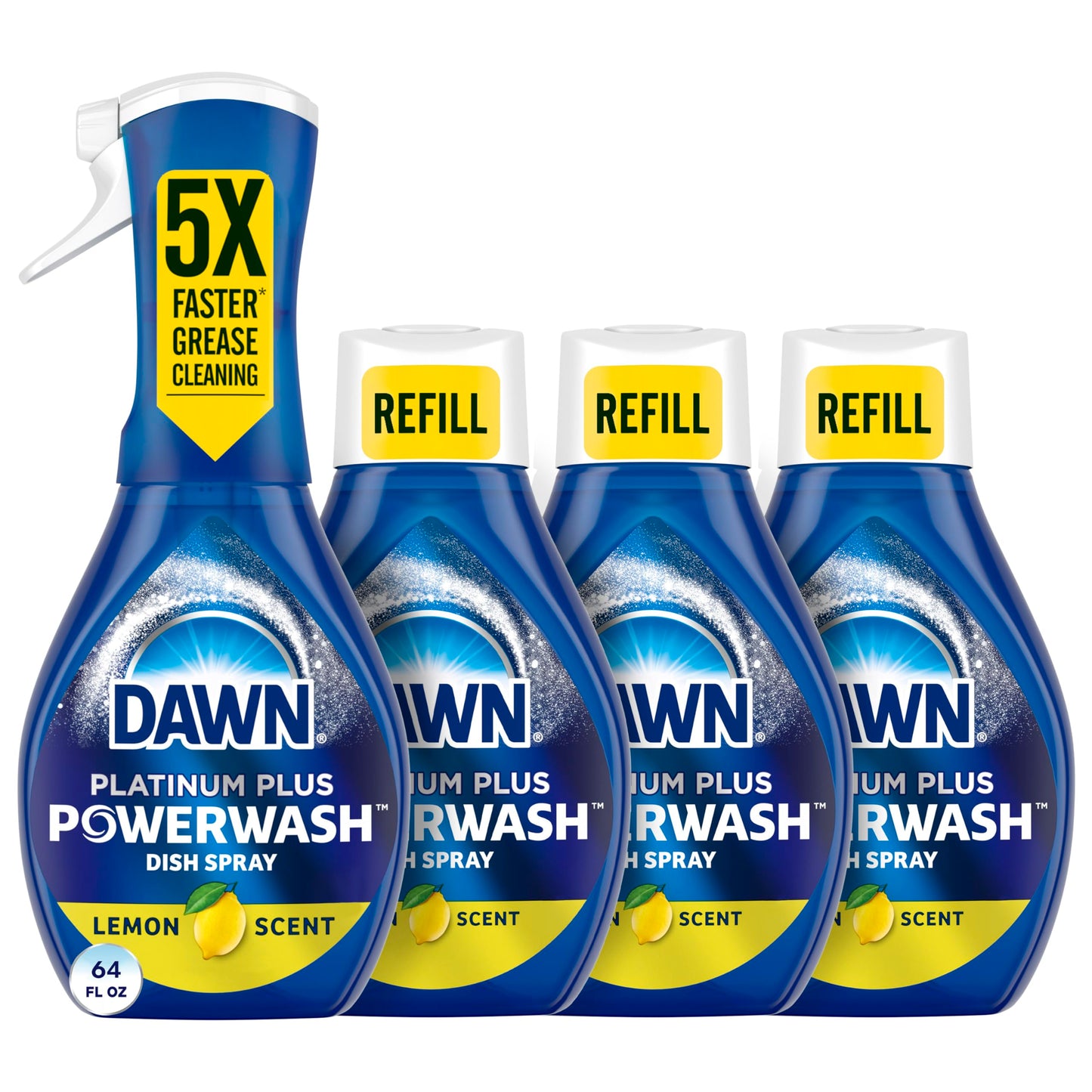 Dawn Power Wash Spray, Dish Soap, Dishwashing Liquid, Cleaning Supplies, Lemon, 1 Starter Kit + 3 Refills, 4 units of 16oz (64oz)