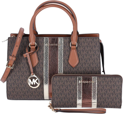 Michael Kors Sheila Medium Signature MK Metallic Satchel Brown Gold Bundled with Matching Large Wallet