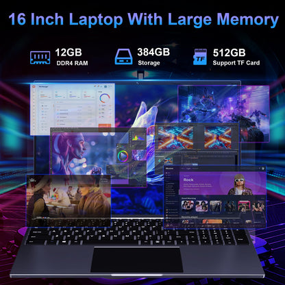 16 inch Laptop, 12GB RAM 256GB Storage Laptop Computer, 5305U Processor, 1920x1200 IPS FHD Display, WiFi, Bluetooth, Webcam, Type-C, 38Wh Battery