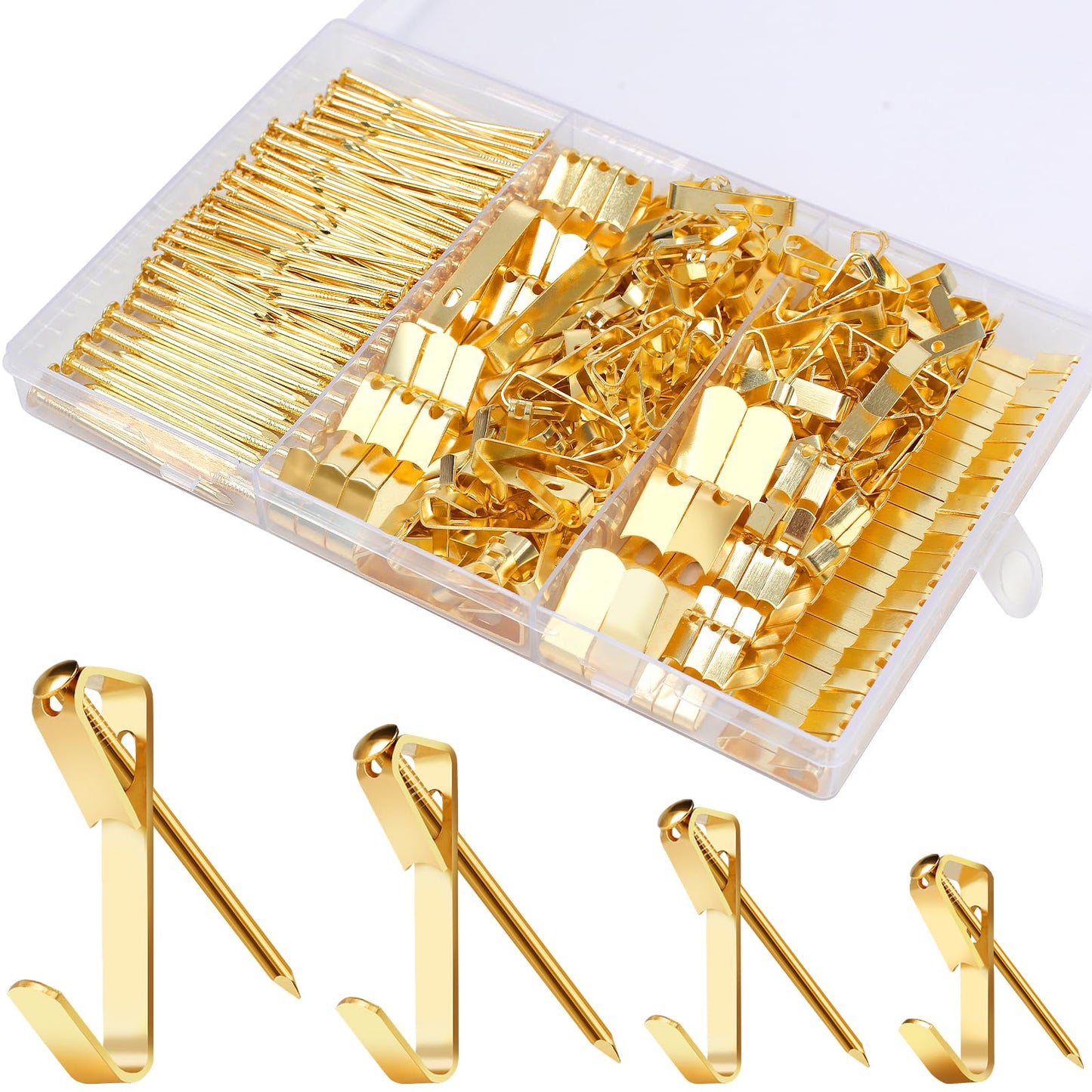 184 Pieces Picture Hanging Kit, 20lb, 30lb, and 50lb Picture Hangers, Metal Picture Hanging Hooks with Nails, on Drywall, Wooden Wall(Gold)