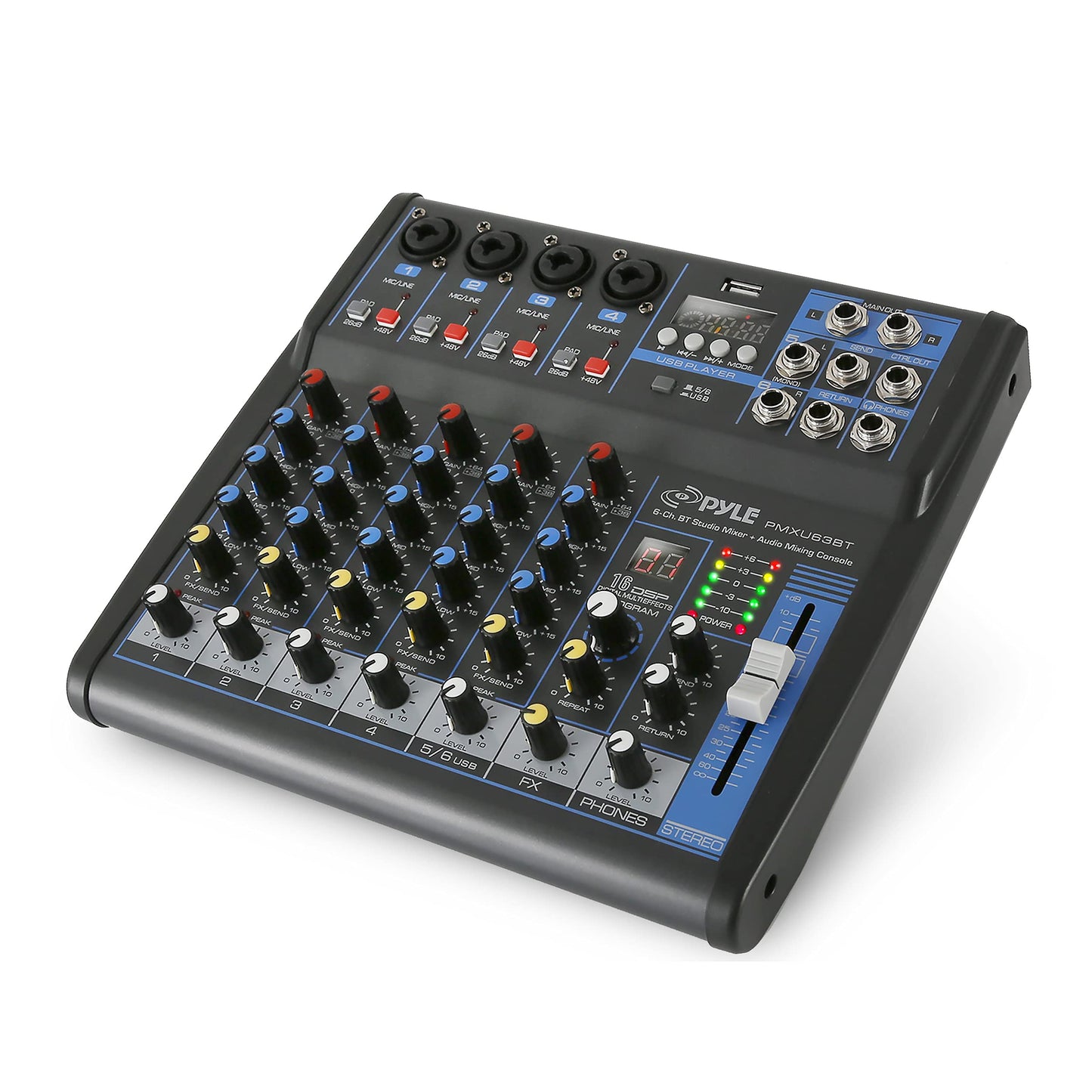 Pyle 4-Channel Bluetooth Studio Audio Mixer-DJ Sound Controller Interface with USB Drive for PC Recording Input, XLR Microphone Jack,48V Power,Input/Output for Professional and Beginners - PMXU46BT