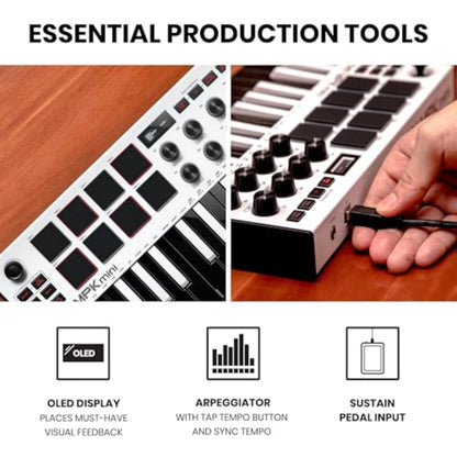 AKAI Professional MPK Mini MK3 - 25 Key USB MIDI Keyboard Controller With 8 Backlit Drum Pads, 8 Knobs and Music Production Software Included, White