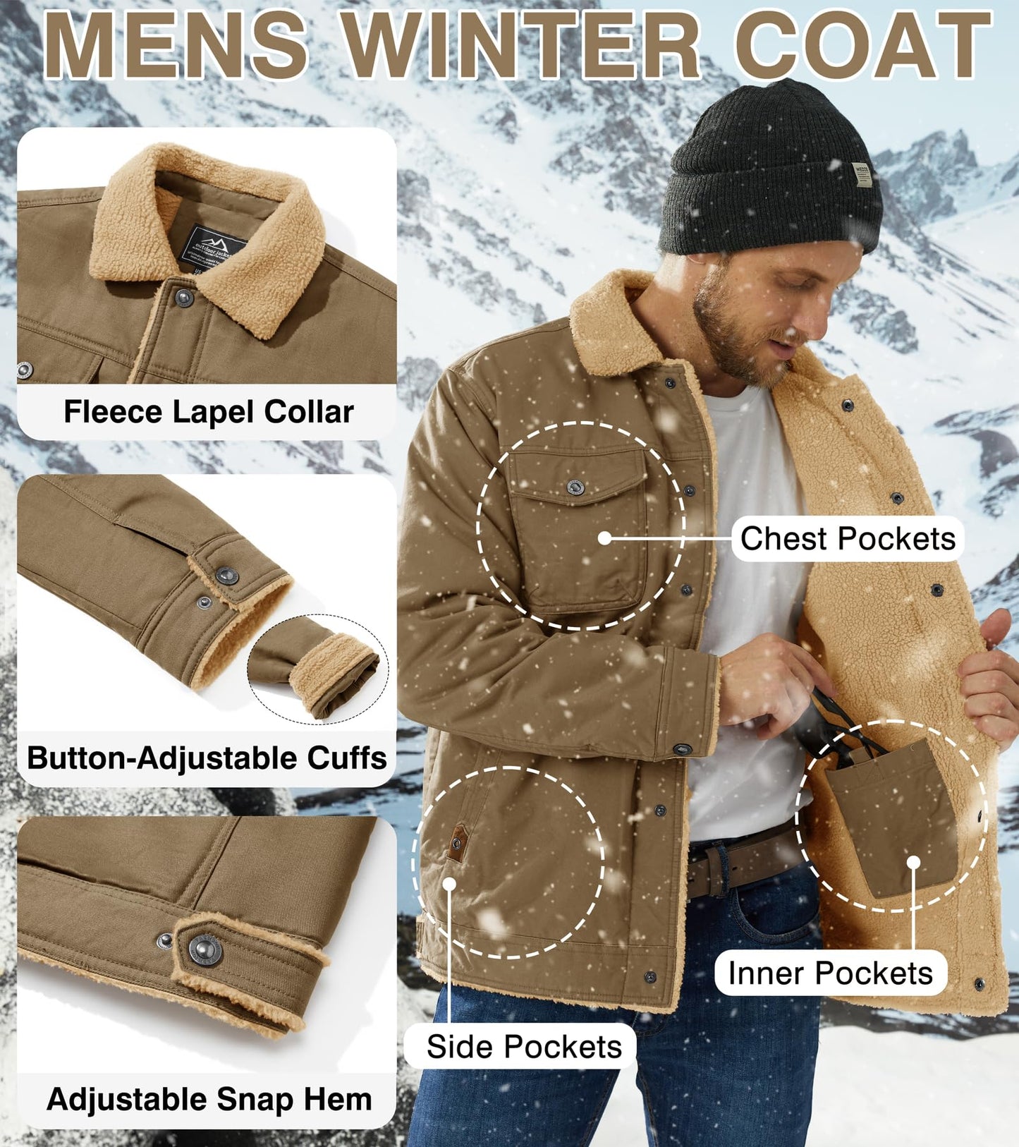 EKLENTSON Men's Winter Jacket Thick Thermal Cotton Warm Fleece Lined Coat Trucker Lapel Work Cargo Jackets for Men