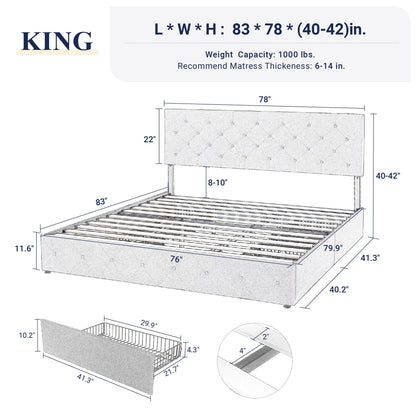 Allewie Upholstered Queen Size Platform Bed Frame with 4 Storage Drawers and Headboard, Square Stitched Button Tufted, Mattress Foundation with Wooden Slats Support, No Box Spring Needed, Light Grey