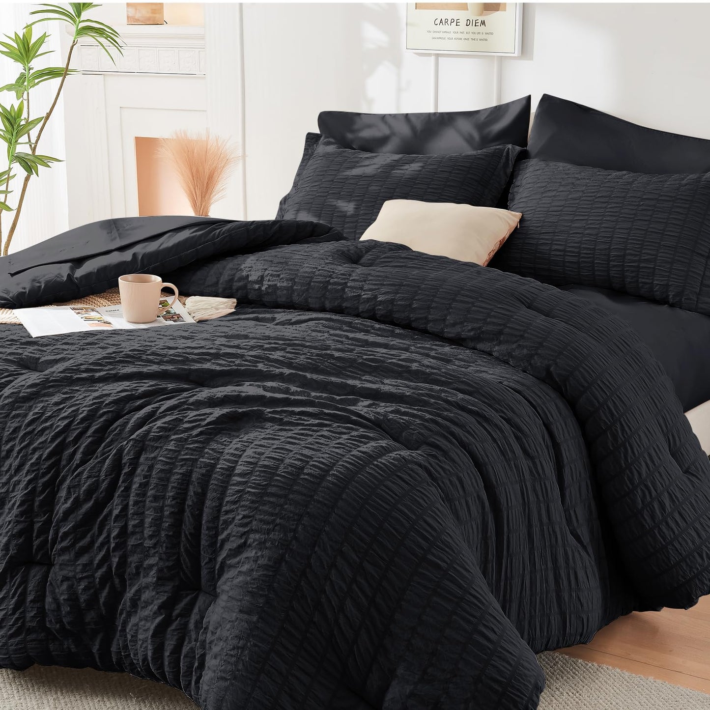 HYMOKEGE Queen Comforter Set Seersucker 7 Pieces, All Season Luxury Bed in a Bag for Bedroom, Bedding Set with Comforters, Sheets, Pillowcases & Shams, Dark Grey