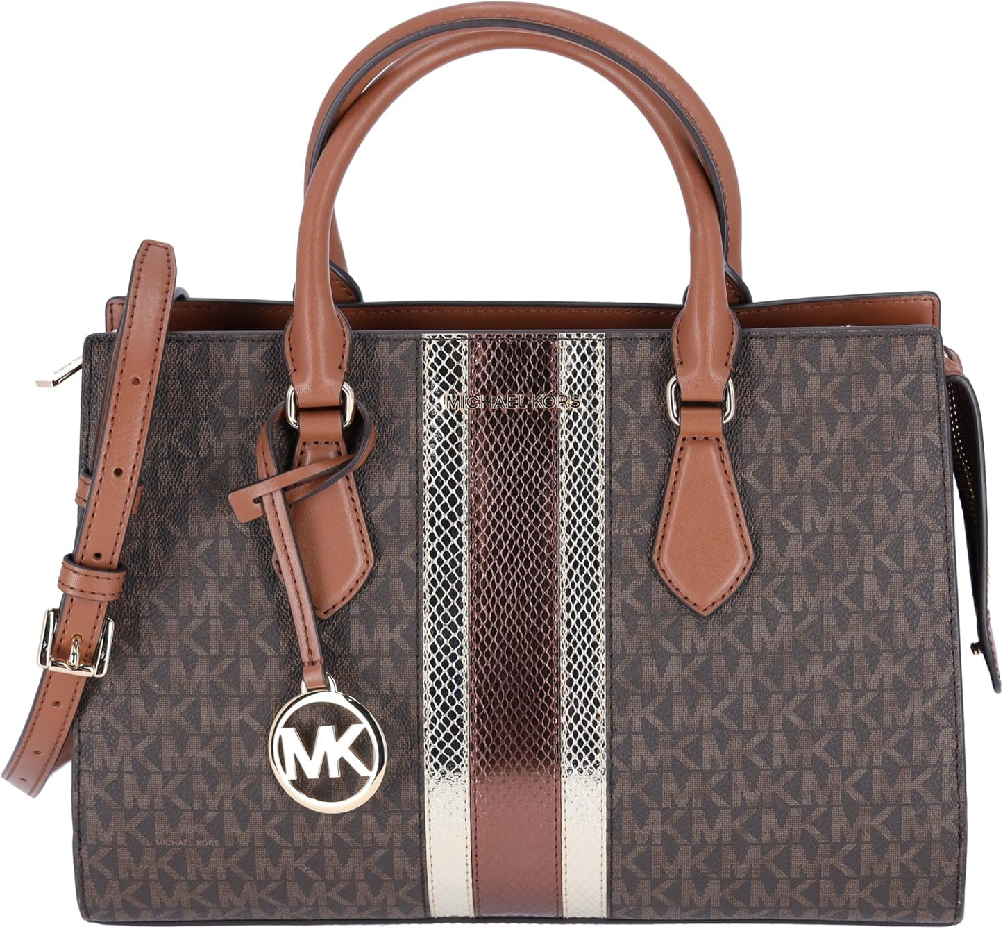 Michael Kors Sheila Medium Signature MK Metallic Satchel Brown Gold Bundled with Matching Large Wallet