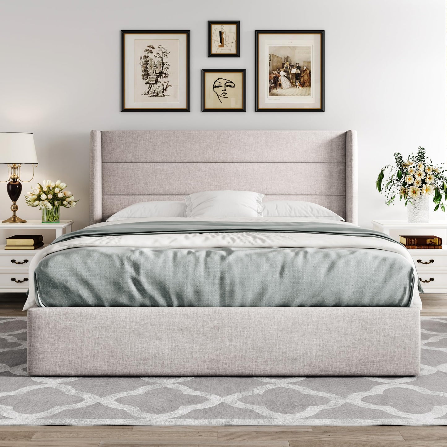 Allewie Queen Size Lift Up Storage Bed, Modern Wingback Headboard, Hydraulic Support, No Box Spring Needed, Light Beige