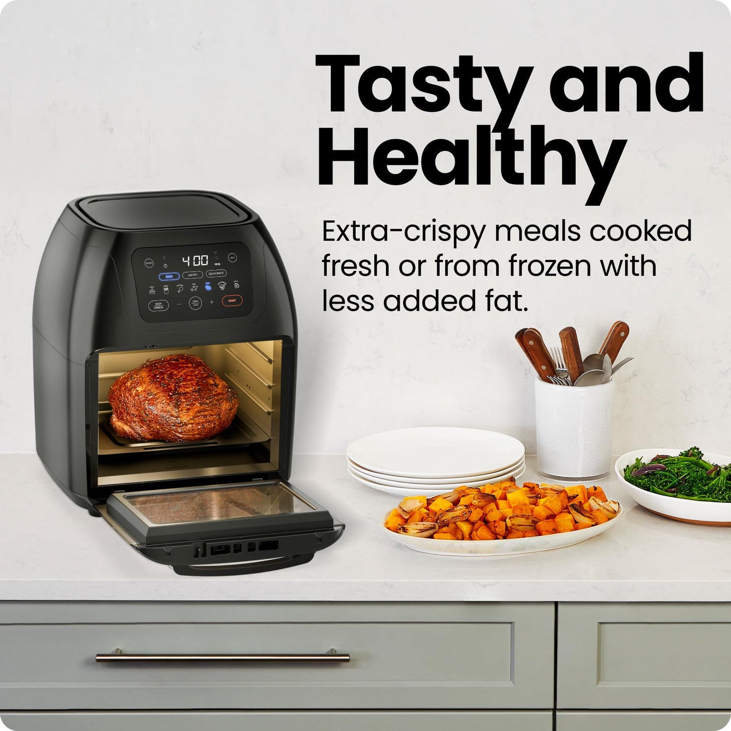 CHEFMAN Multifunctional Digital Air Fryer+ Rotisserie, Dehydrator, Convection Oven, 17 Touch Screen Presets Fry, Roast, Dehydrate, Bake, XL 10L Family Size, Auto Shutoff, Large Easy-View Window, Black