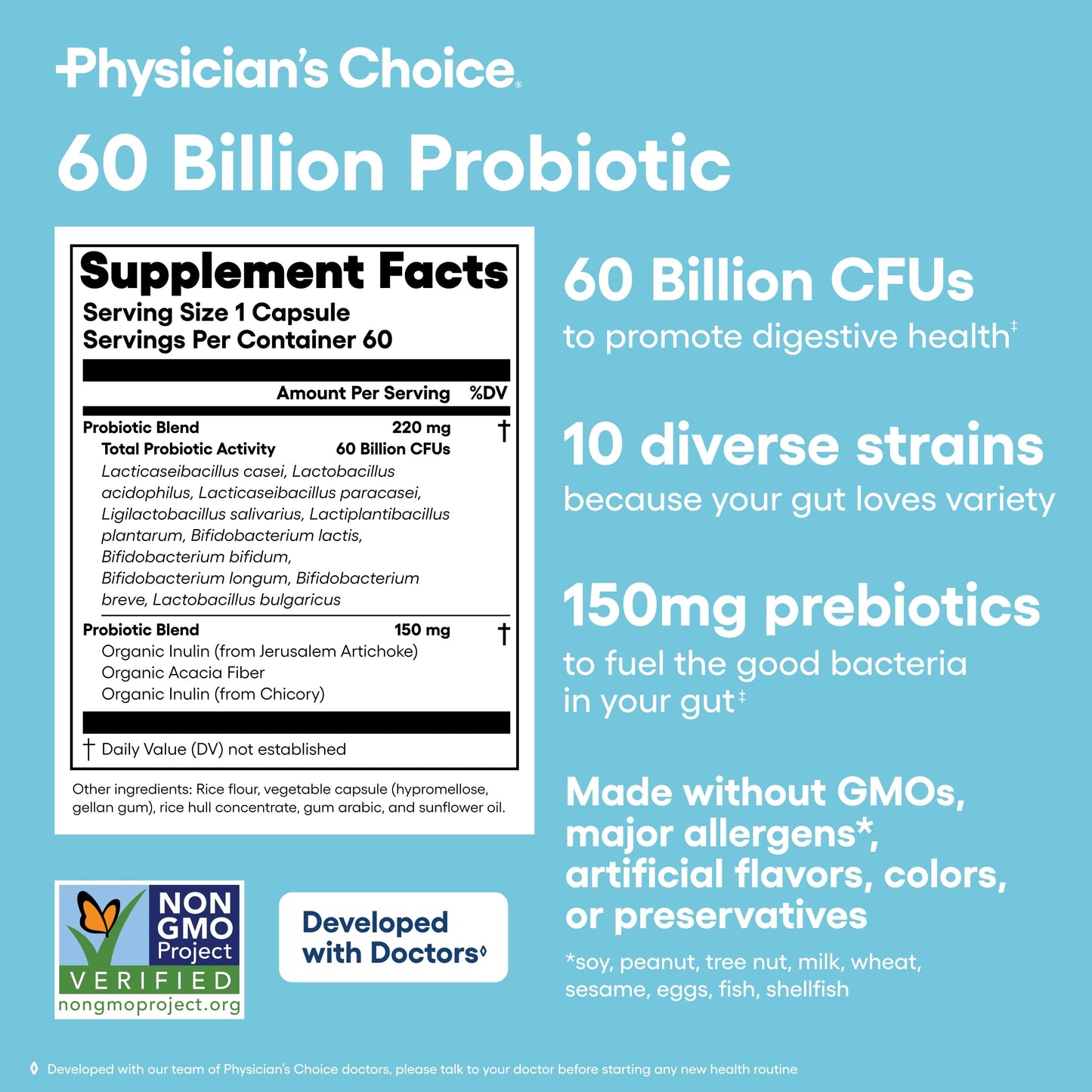 Physician's CHOICE Probiotics 60 billion CFU - 10 Strains + Organic Prebiotics - Immune, Digestive & Gut Health - Supports Occasional Constipation, Diarrhea, Gas & Bloating - for Women & Men - 60ct