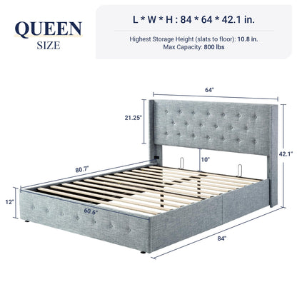 Allewie Queen Size Lift Up Storage Bed, Modern Wingback Headboard, Hydraulic Support, No Box Spring Needed, Light Beige