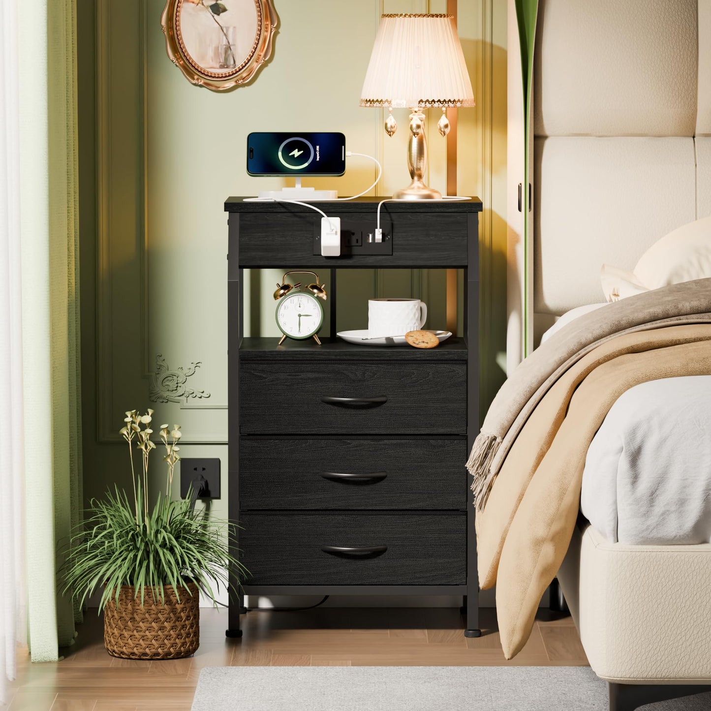 Furnulem 5 Drawers Dresser with Charging Station, Fabric Chest of Drawers with Open Shelf, Tall Night Stand, Bedside Table for Closet, Entryway, Bedroom Furniture, 3 Ways to Use, Black Oak