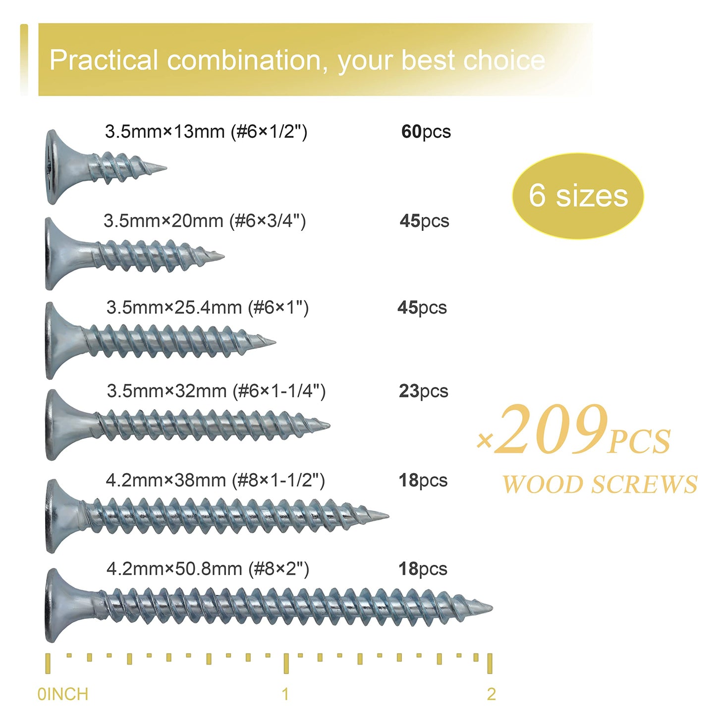 High Hardness Wood Screws Assortment Kit, 209 pcs, Phillips Drive Flat Head, Wood Screws, Screws, Drywall Screws, Assorted Screws, Screws Set, 6 Sizes (2”,1-1/2”,1-1/4”,1”,3/4”,1/2”)