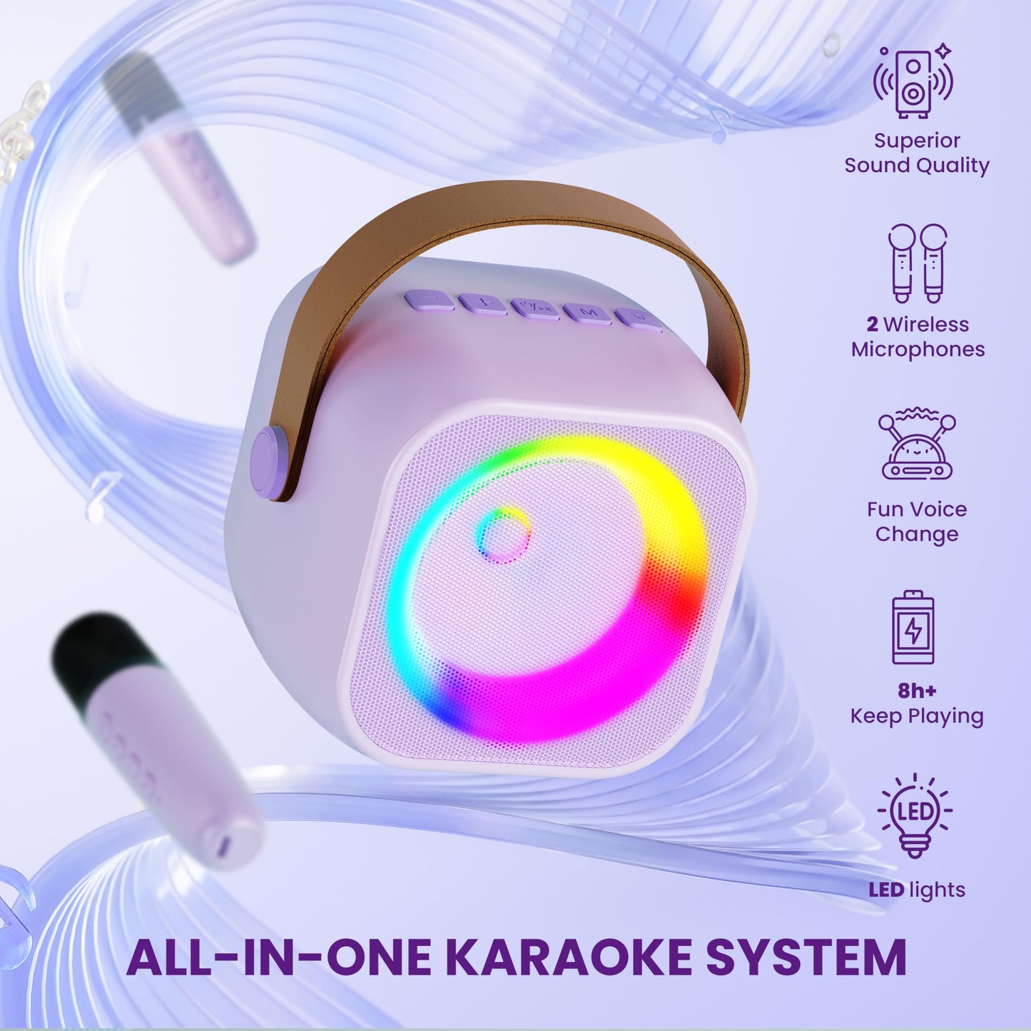 Mini Karaoke Machine, Portable Bluetooth Karaoke Speaker with 2 Wireless Microphones and Party Lights for Kids and Adults, Birthday Gifts for Girls Boys Family Home Party