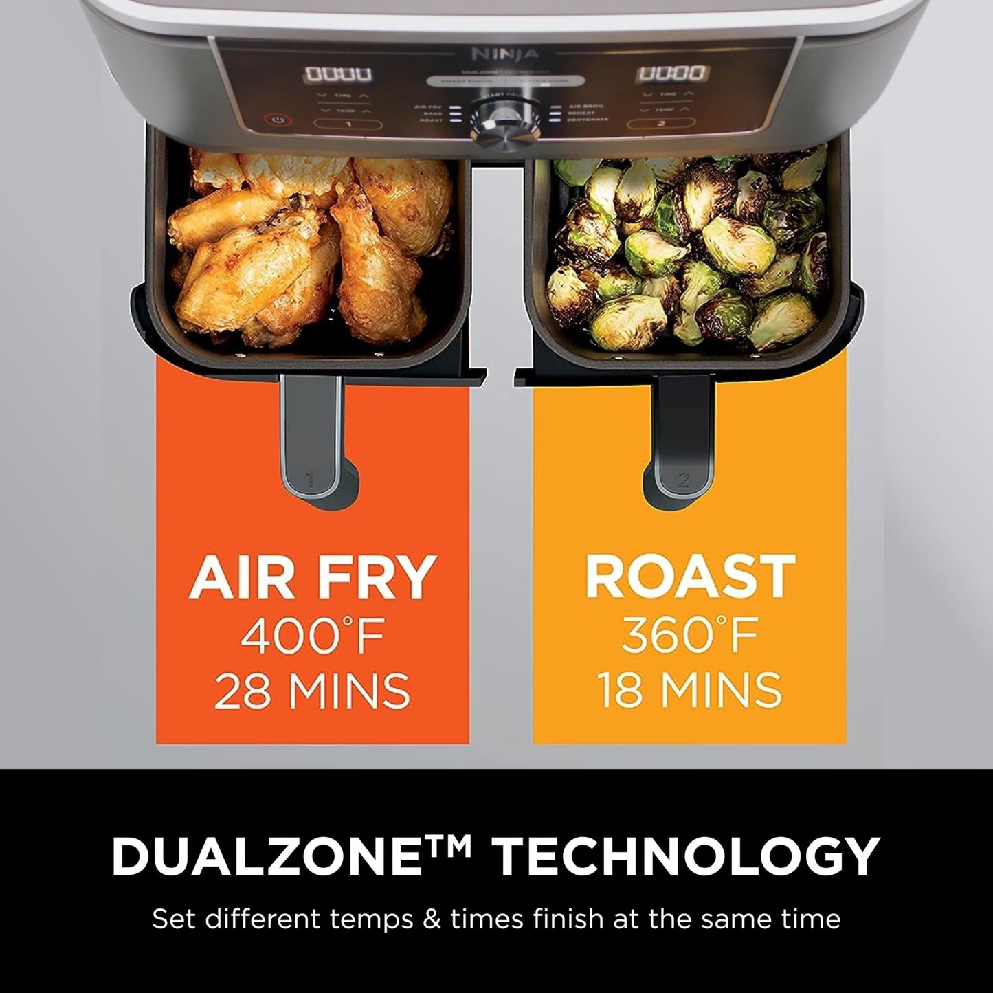 Ninja DZ201 Foodi 8 Quart 6-in-1 DualZone 2-Basket Air Fryer with 2 Independent Frying Baskets, Match Cook & Smart Finish to Roast, Broil, Dehydrate & More for Quick, Easy Meals, Grey