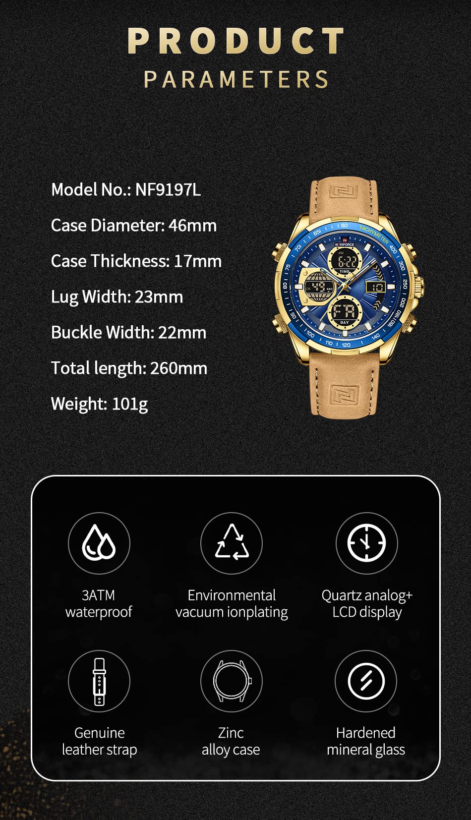 NAVIFORCE Men's Military Digital Watches Analog Quartz Waterproof Watch Sport Multifunctional Leather Wristwatch