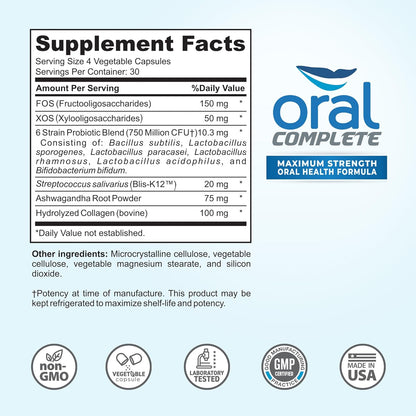 Oral Complete 11-in-1 Dental Probiotics, Bad Breath Treatment Halitosis Tonsil Stone with Non-GMO with BLIS K12, Ashwagandha and Collagen, 120 Capsules