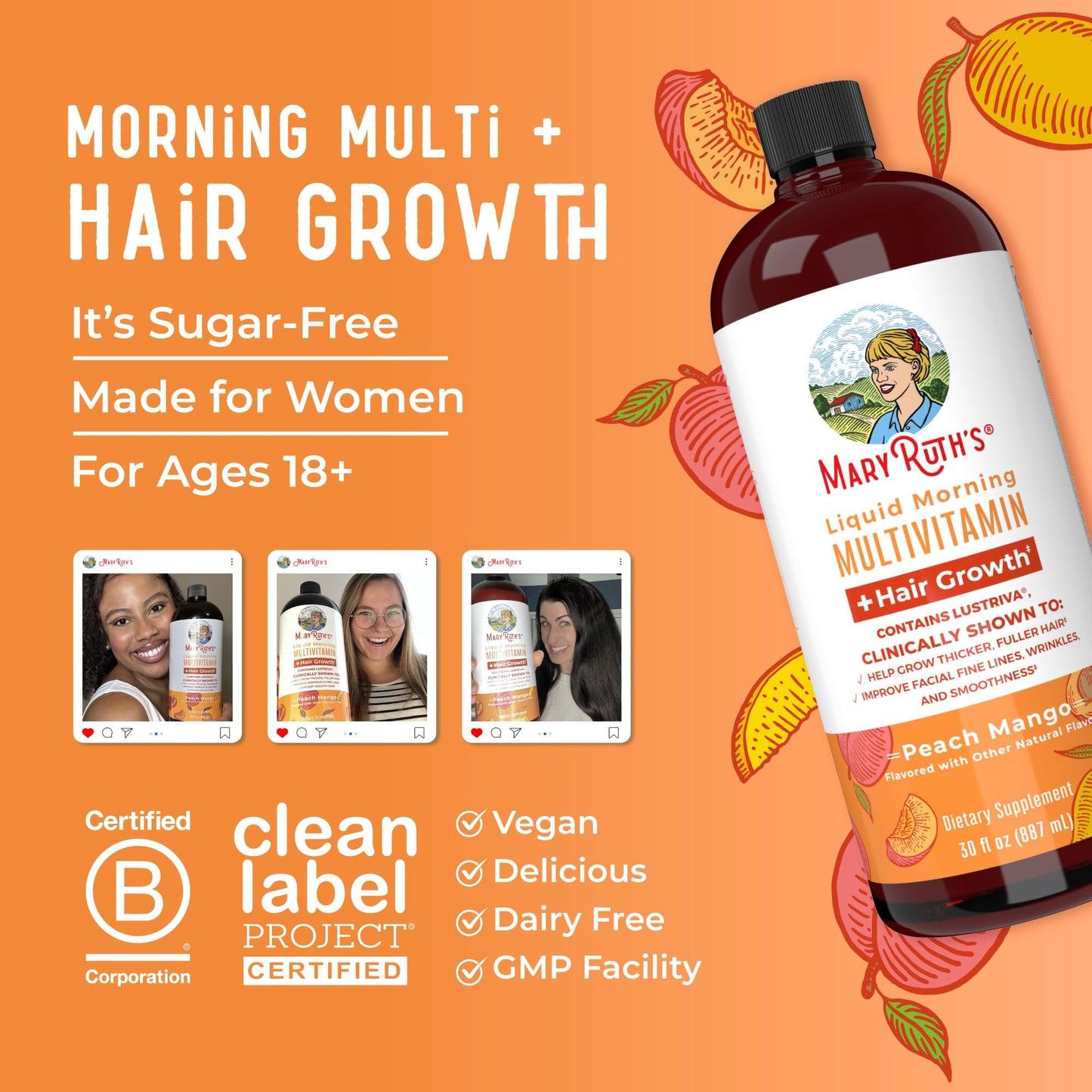 MaryRuth Organics Liquid Multivitamin Lustriva® Hair Growth for Women| Biotin 10000mcg | Vitamin D, B |Clinically Tested for Thicker Hair, Wrinkles, Fine Lines, Skin Care| Ages 18 | 15.22 Fl Oz