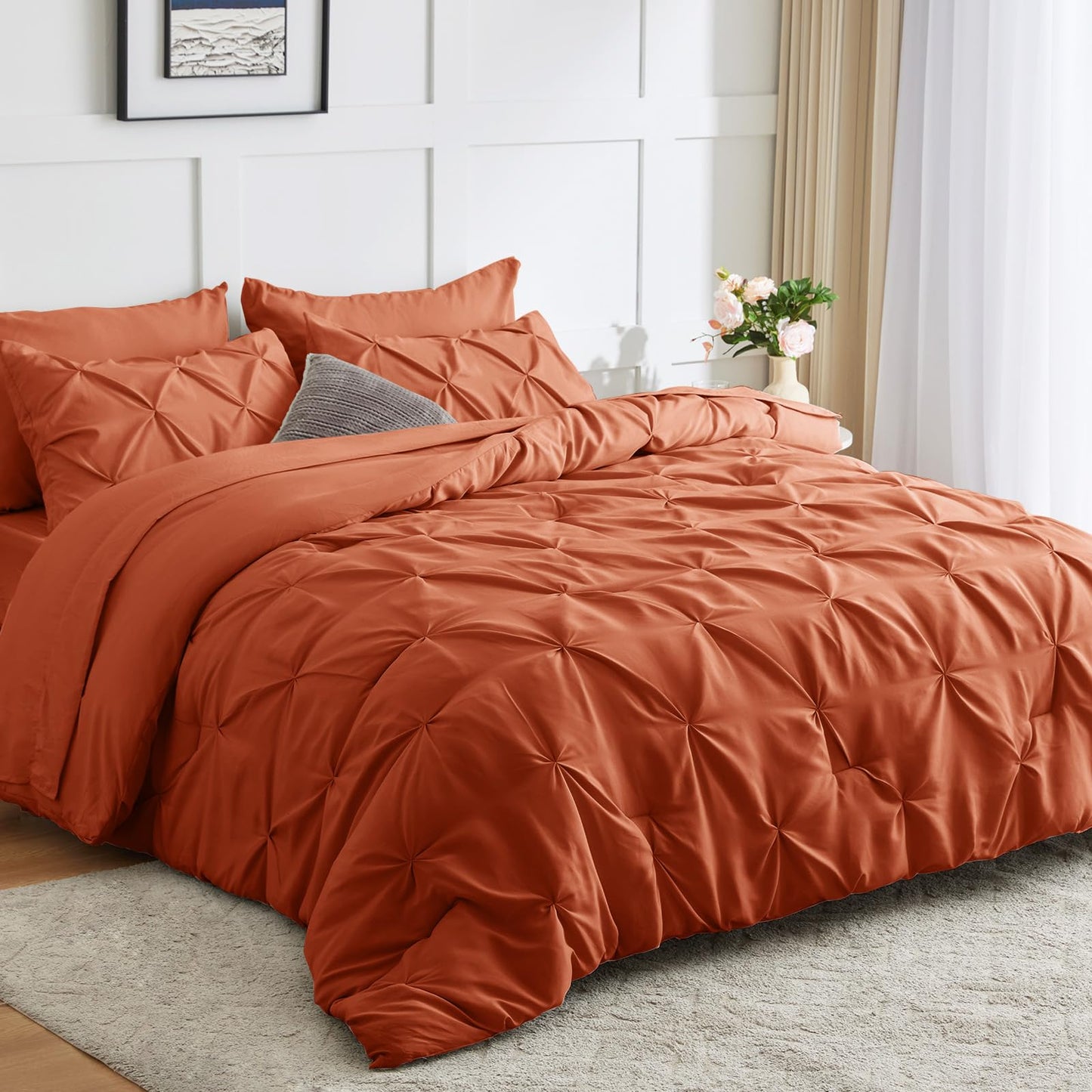 CozyLux Queen Comforter Set 7 Pieces Bed in A Bag Black Comforters Queen Size Bed Set Pintuck Pinch Pleat Complete Bedding Sets with Comforter, Flat Sheet, Fitted Sheet and Pillowcases & Shams