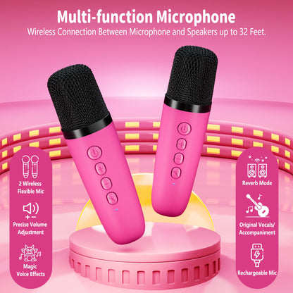 Mini Karaoke Machine, Portable Bluetooth Karaoke Speaker with 2 Wireless Microphones and Party Lights for Kids and Adults, Birthday Gifts for Girls Boys Family Home Party