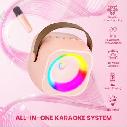 Mini Karaoke Machine, Portable Bluetooth Karaoke Speaker with 2 Wireless Microphones and Party Lights for Kids and Adults, Birthday Gifts for Girls Boys Family Home Party