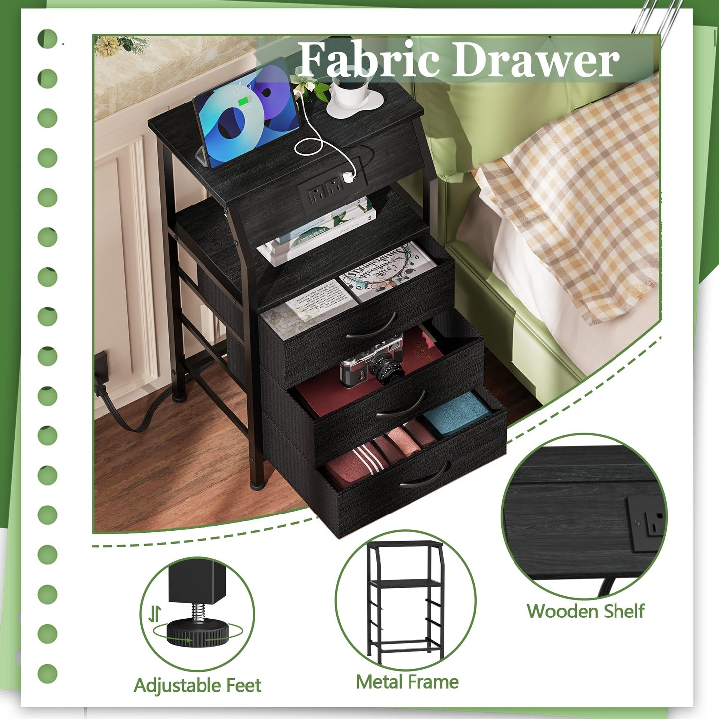 Furnulem 5 Drawers Dresser with Charging Station, Fabric Chest of Drawers with Open Shelf, Tall Night Stand, Bedside Table for Closet, Entryway, Bedroom Furniture, 3 Ways to Use, Black Oak