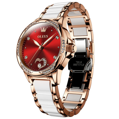 OLEVS Women's Automatic Watch, Premium Large Face Diamond Accented Self Winding Watches for Women, Fashion Waterproof Ladies Dress Watch, Two Tone Stainless Steel Ceramic Bracelet