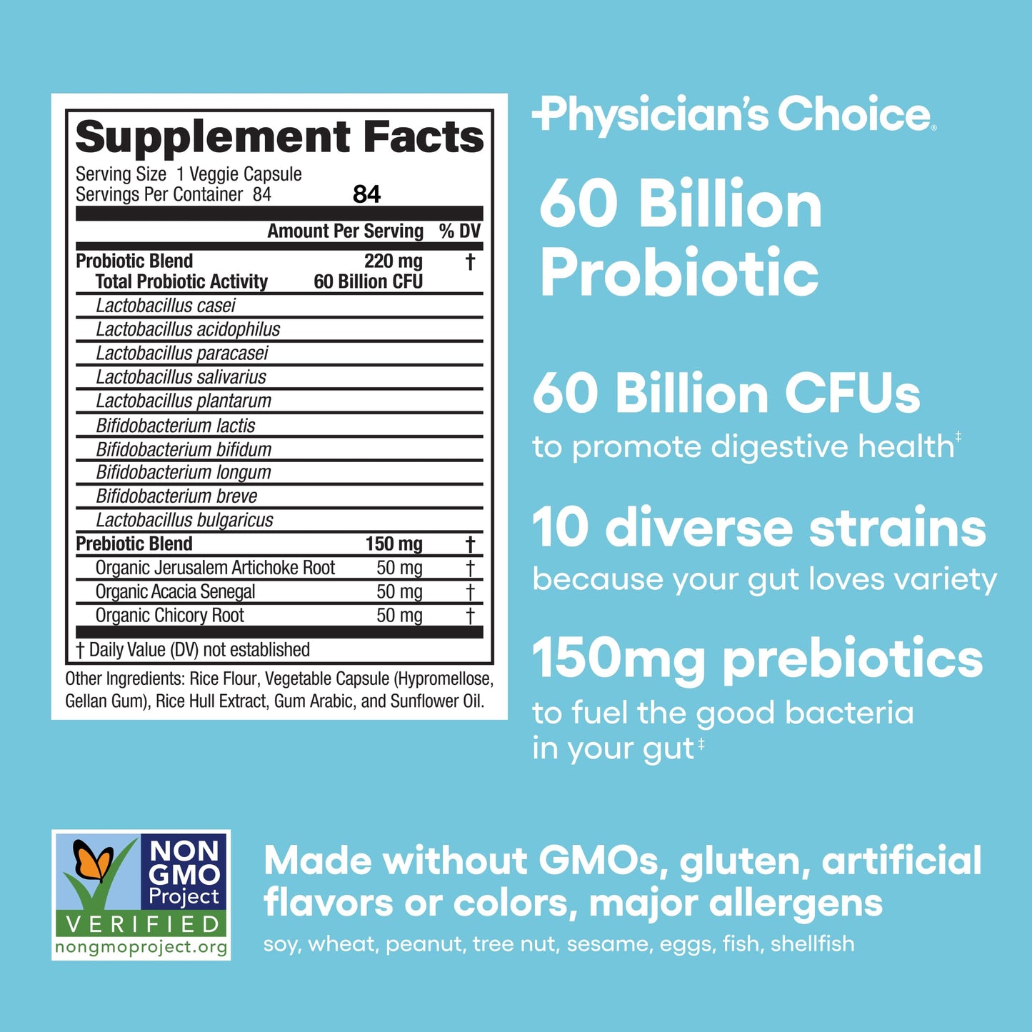 Physician's CHOICE Probiotics 60 billion CFU - 10 Strains + Organic Prebiotics - Immune, Digestive & Gut Health - Supports Occasional Constipation, Diarrhea, Gas & Bloating - for Women & Men - 60ct