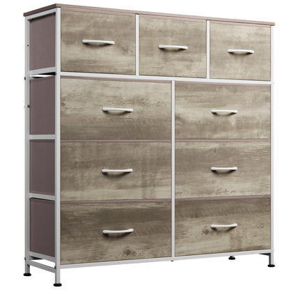 WLIVE 9-Drawer Dresser, Fabric Storage Tower for Bedroom, Hallway, Entryway, Closet, Tall Chest Organizer Unit with Fabric Bins, Steel Frame, Wood Top, Easy Pull Handle, Rustic Brown Wood Grain Print