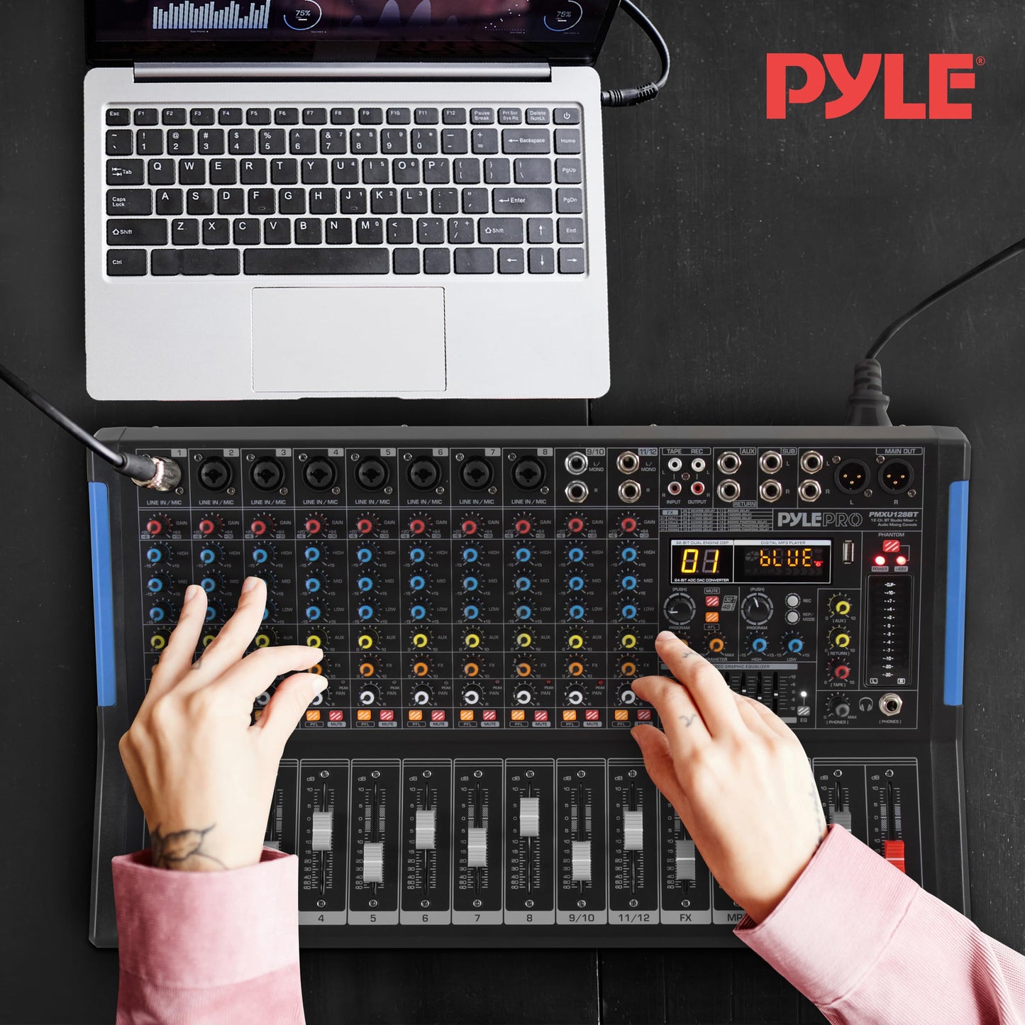 Pyle 4-Channel Bluetooth Studio Audio Mixer-DJ Sound Controller Interface with USB Drive for PC Recording Input, XLR Microphone Jack,48V Power,Input/Output for Professional and Beginners - PMXU46BT