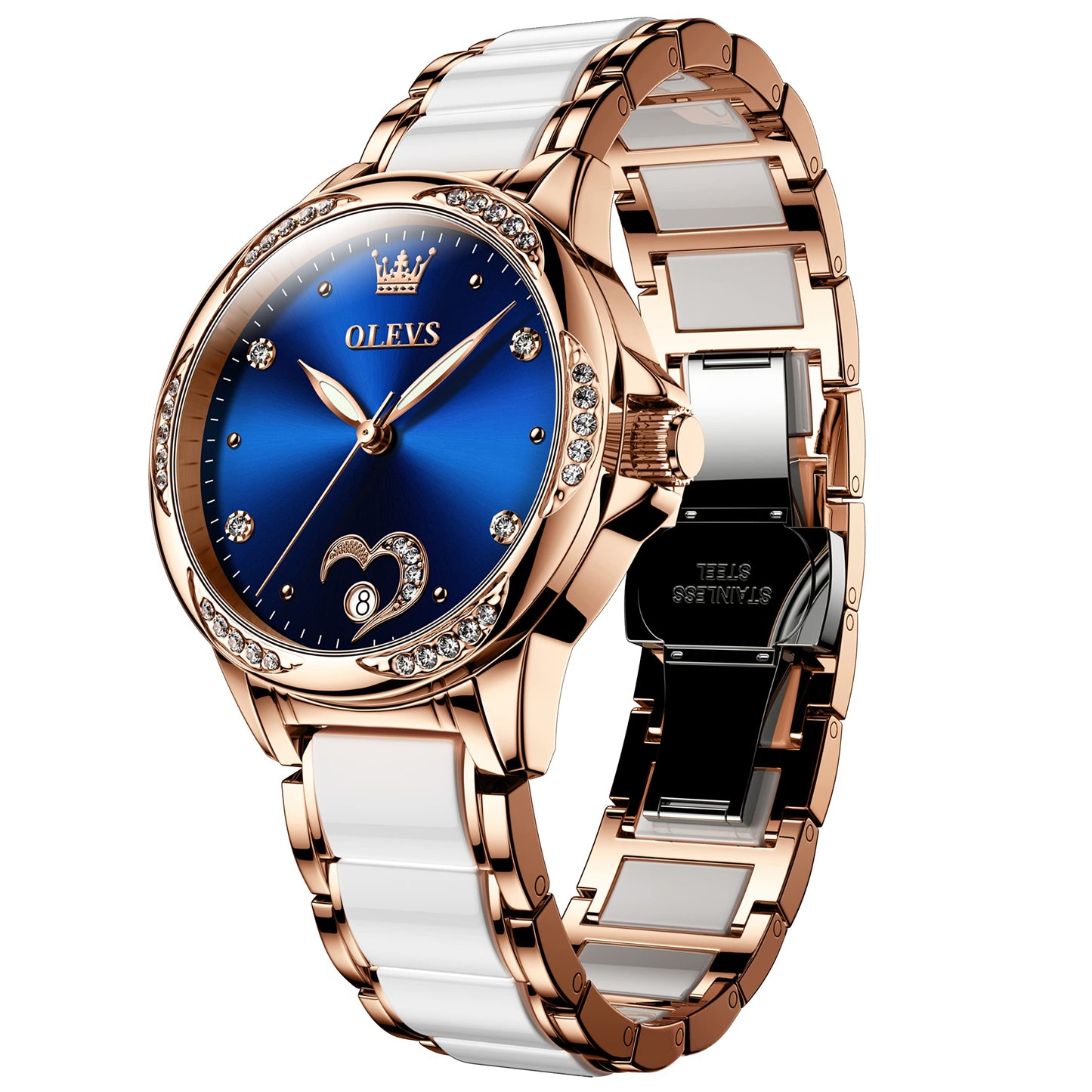 OLEVS Women's Automatic Watch, Premium Large Face Diamond Accented Self Winding Watches for Women, Fashion Waterproof Ladies Dress Watch, Two Tone Stainless Steel Ceramic Bracelet