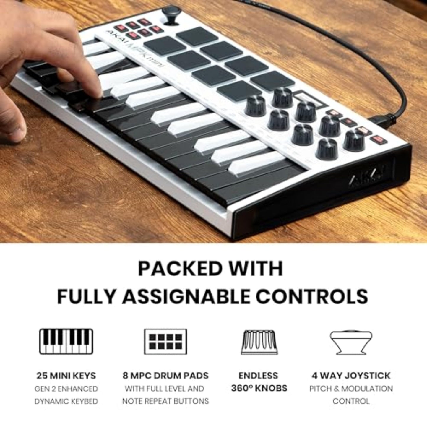 AKAI Professional MPK Mini MK3 - 25 Key USB MIDI Keyboard Controller With 8 Backlit Drum Pads, 8 Knobs and Music Production Software Included, White