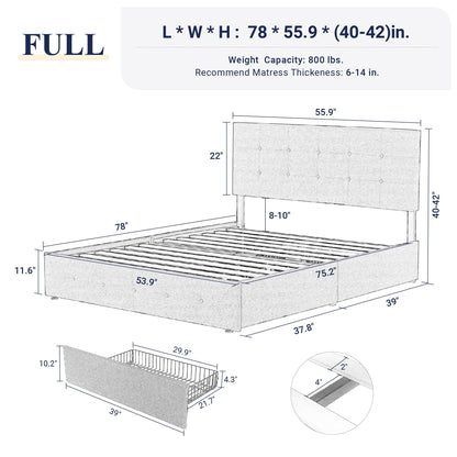 Allewie Upholstered Queen Size Platform Bed Frame with 4 Storage Drawers and Headboard, Square Stitched Button Tufted, Mattress Foundation with Wooden Slats Support, No Box Spring Needed, Light Grey