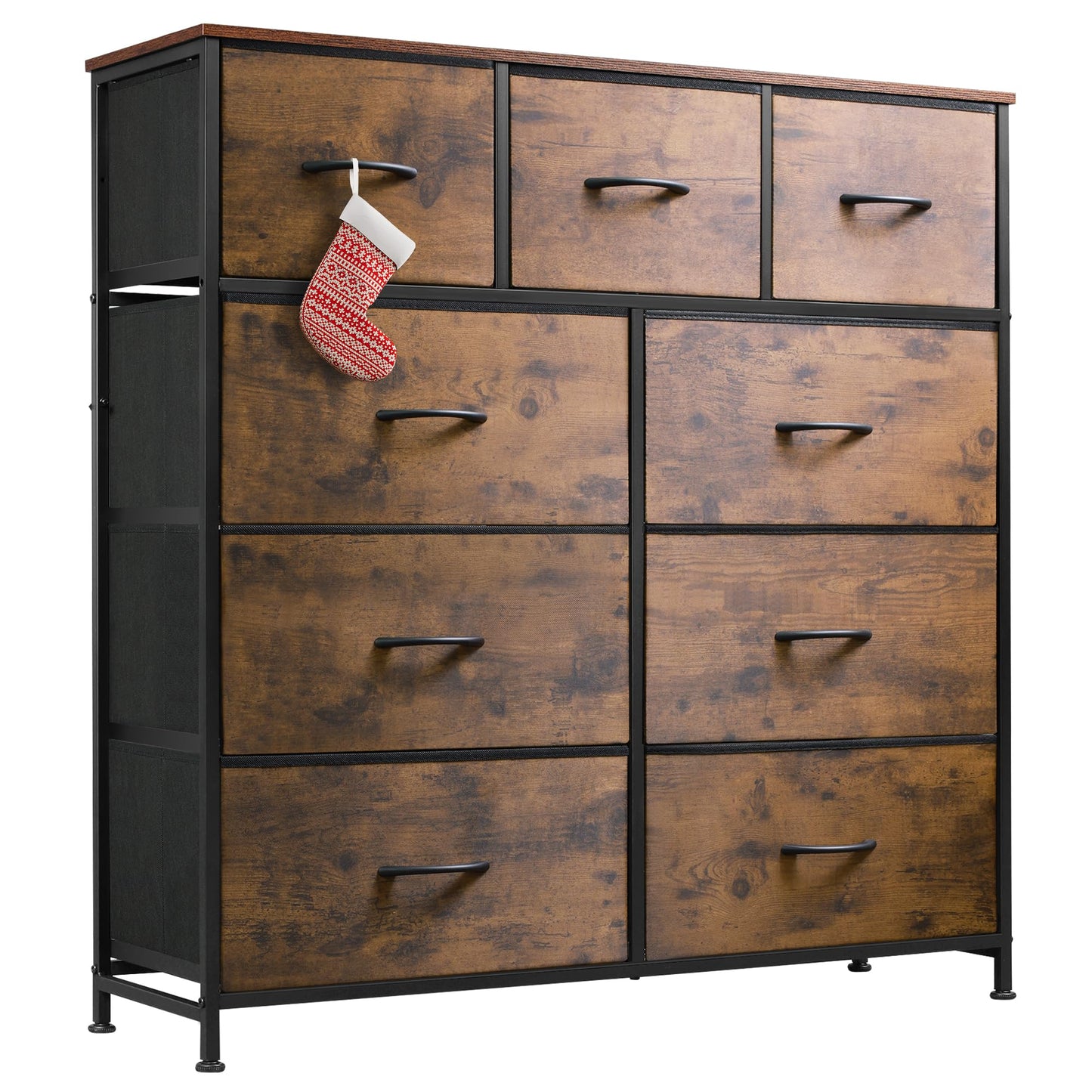 WLIVE 9-Drawer Dresser, Fabric Storage Tower for Bedroom, Hallway, Entryway, Closet, Tall Chest Organizer Unit with Fabric Bins, Steel Frame, Wood Top, Easy Pull Handle, Rustic Brown Wood Grain Print