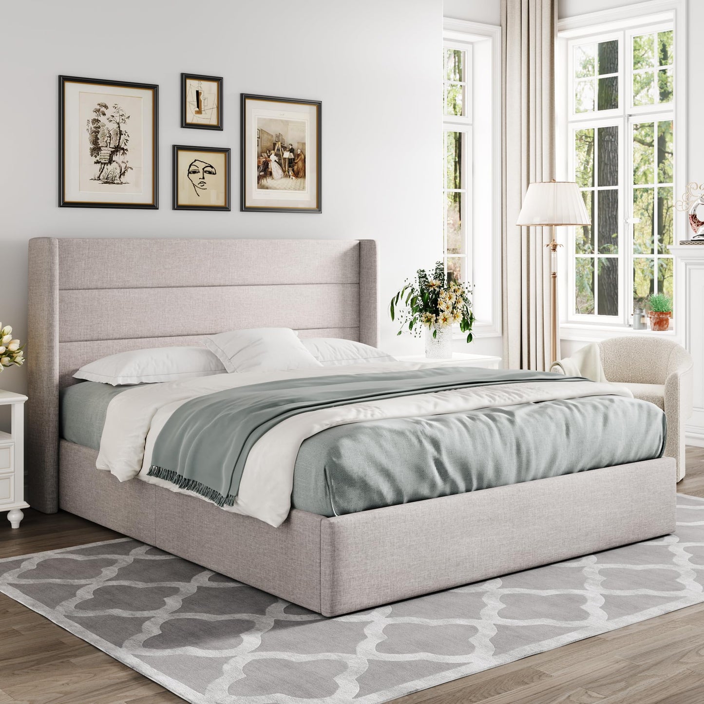 Allewie Queen Size Lift Up Storage Bed, Modern Wingback Headboard, Hydraulic Support, No Box Spring Needed, Light Beige