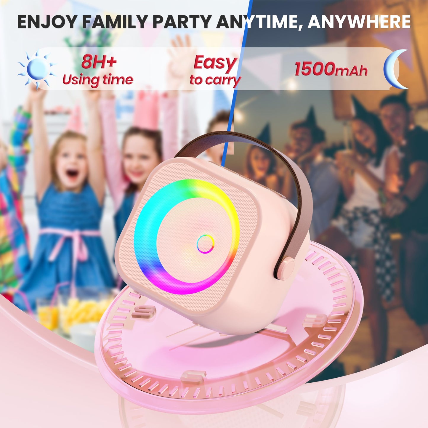 Mini Karaoke Machine, Portable Bluetooth Karaoke Speaker with 2 Wireless Microphones and Party Lights for Kids and Adults, Birthday Gifts for Girls Boys Family Home Party