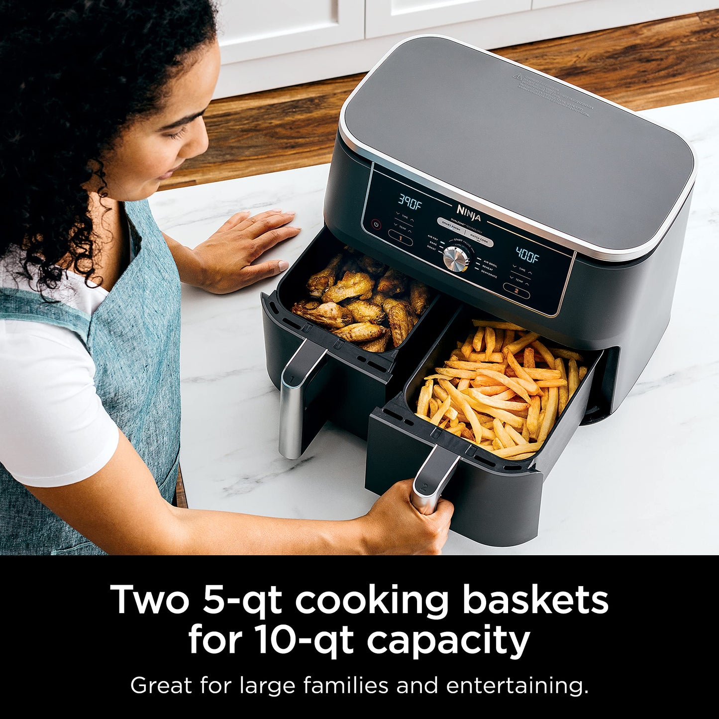 Ninja DZ201 Foodi 8 Quart 6-in-1 DualZone 2-Basket Air Fryer with 2 Independent Frying Baskets, Match Cook & Smart Finish to Roast, Broil, Dehydrate & More for Quick, Easy Meals, Grey