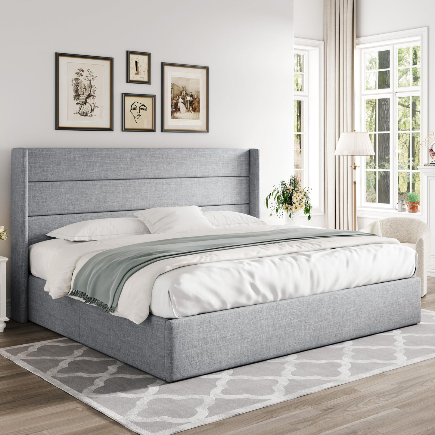 Allewie Queen Size Lift Up Storage Bed, Modern Wingback Headboard, Hydraulic Support, No Box Spring Needed, Light Beige