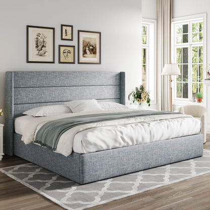 Allewie Queen Size Lift Up Storage Bed, Modern Wingback Headboard, Hydraulic Support, No Box Spring Needed, Light Beige